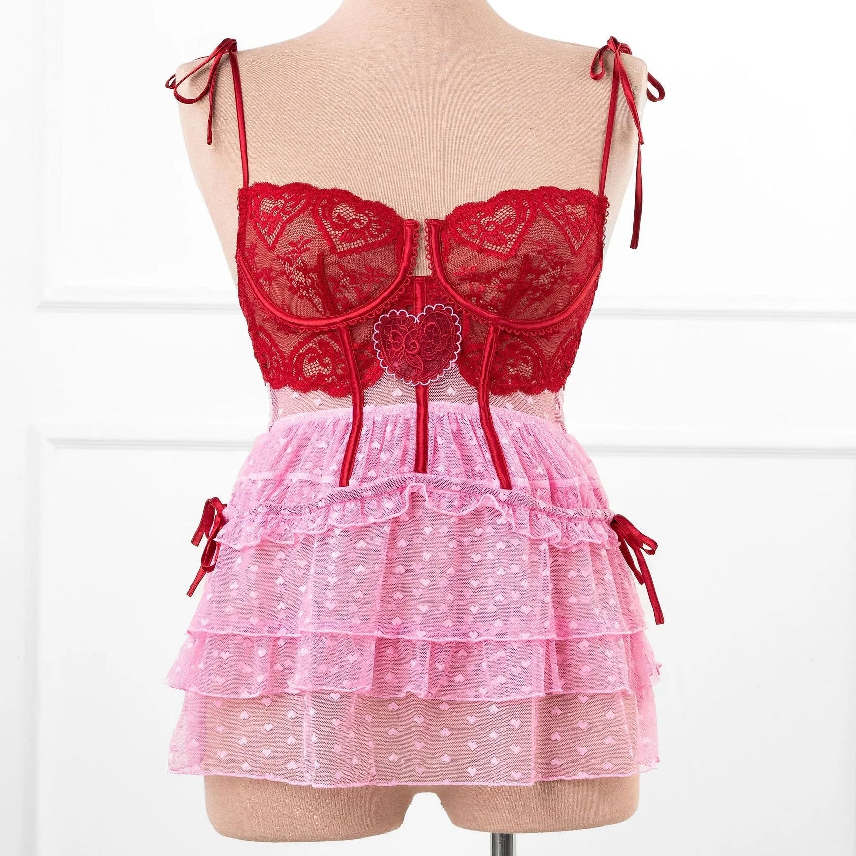 Lacy Underwire Ruched Babydoll - Red - Image 3
