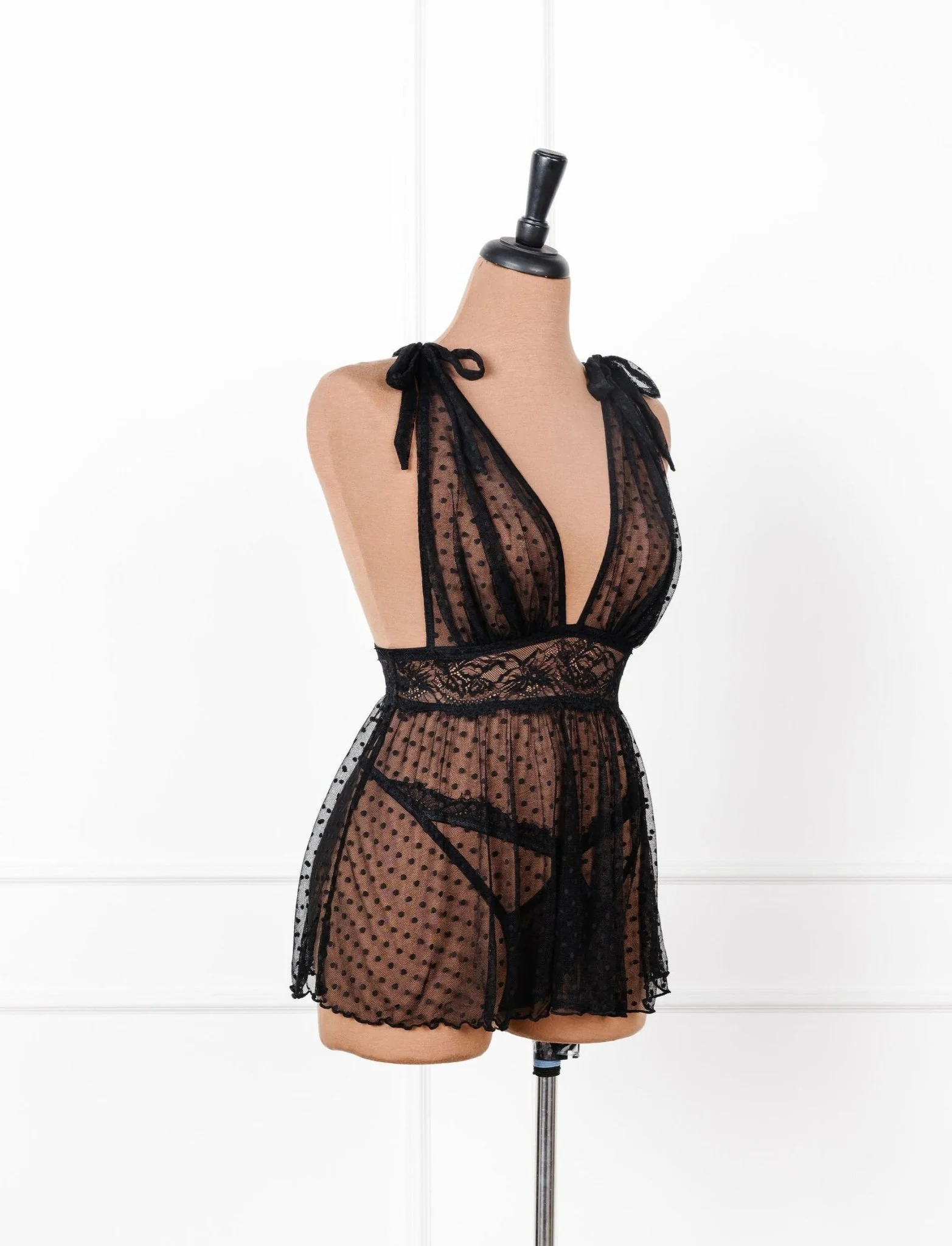 Polka Dot Mesh Babydoll - Black - Image 3
