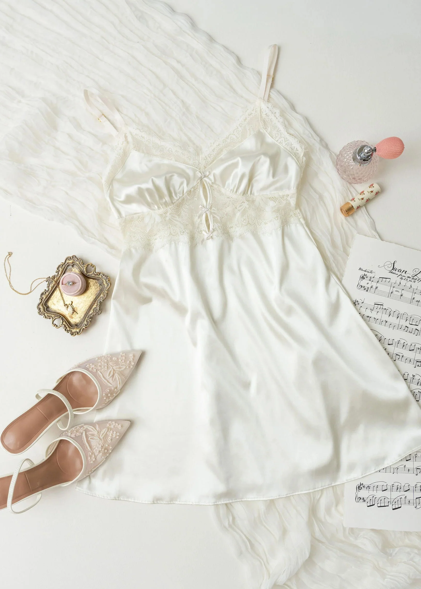 Satin & Eyelash Lace Slip - Pearl - Image 13