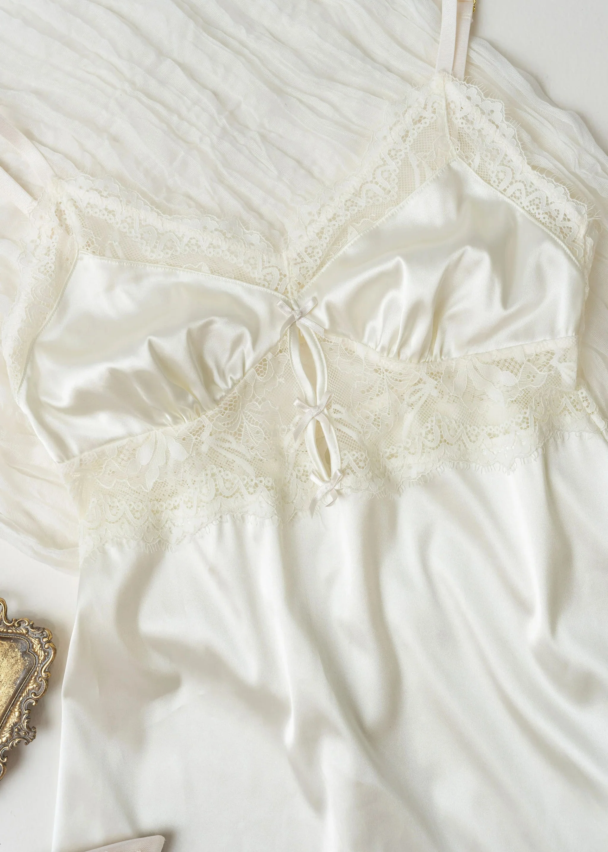 Satin & Eyelash Lace Slip - Pearl - Image 14