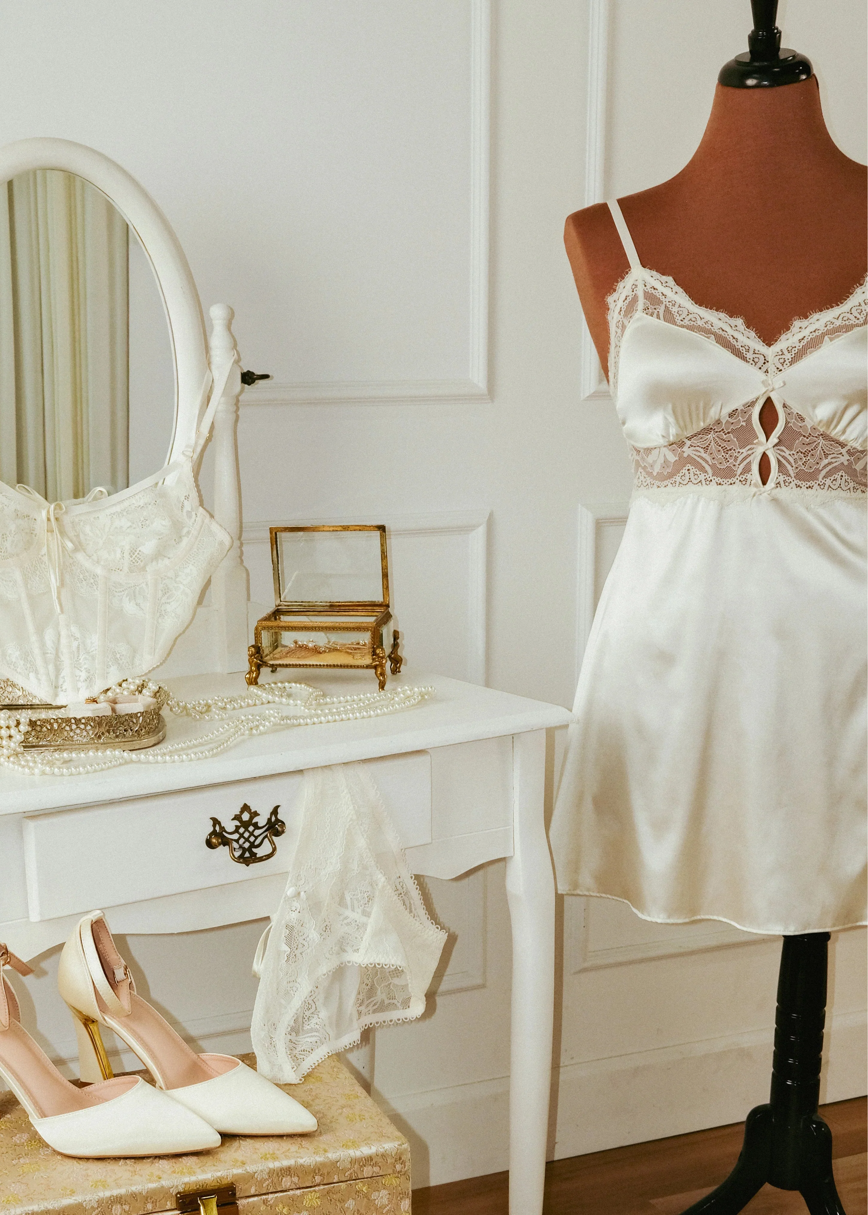 Satin & Eyelash Lace Slip - Pearl - Image 16