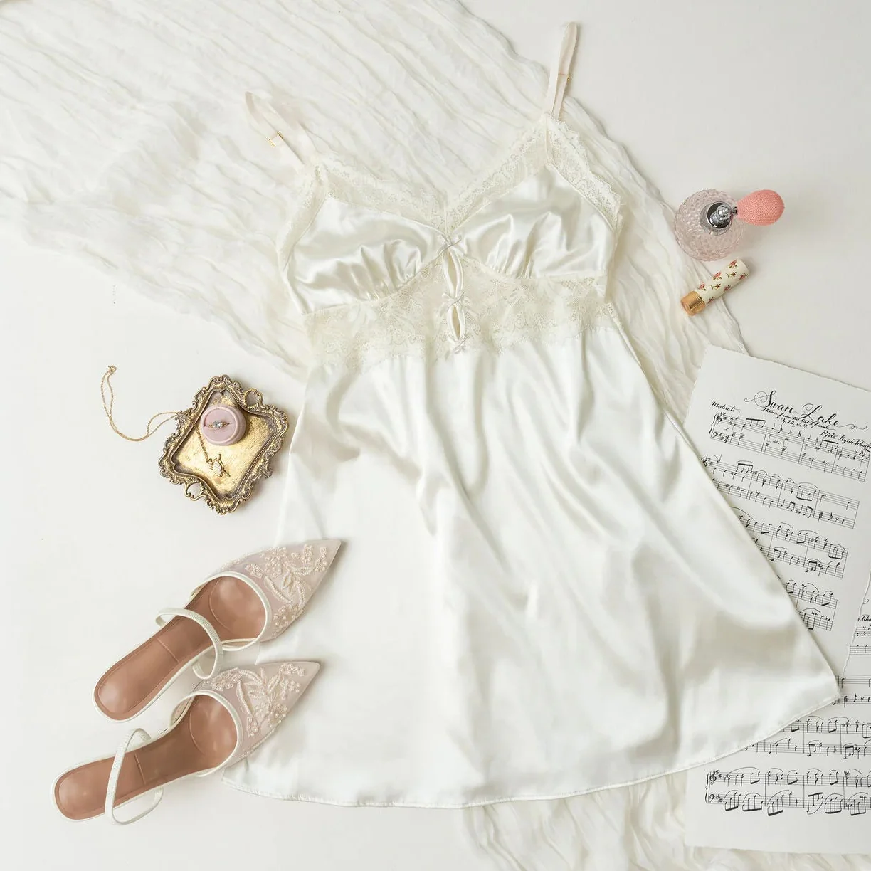 Satin & Eyelash Lace Slip - Pearl - Image 3