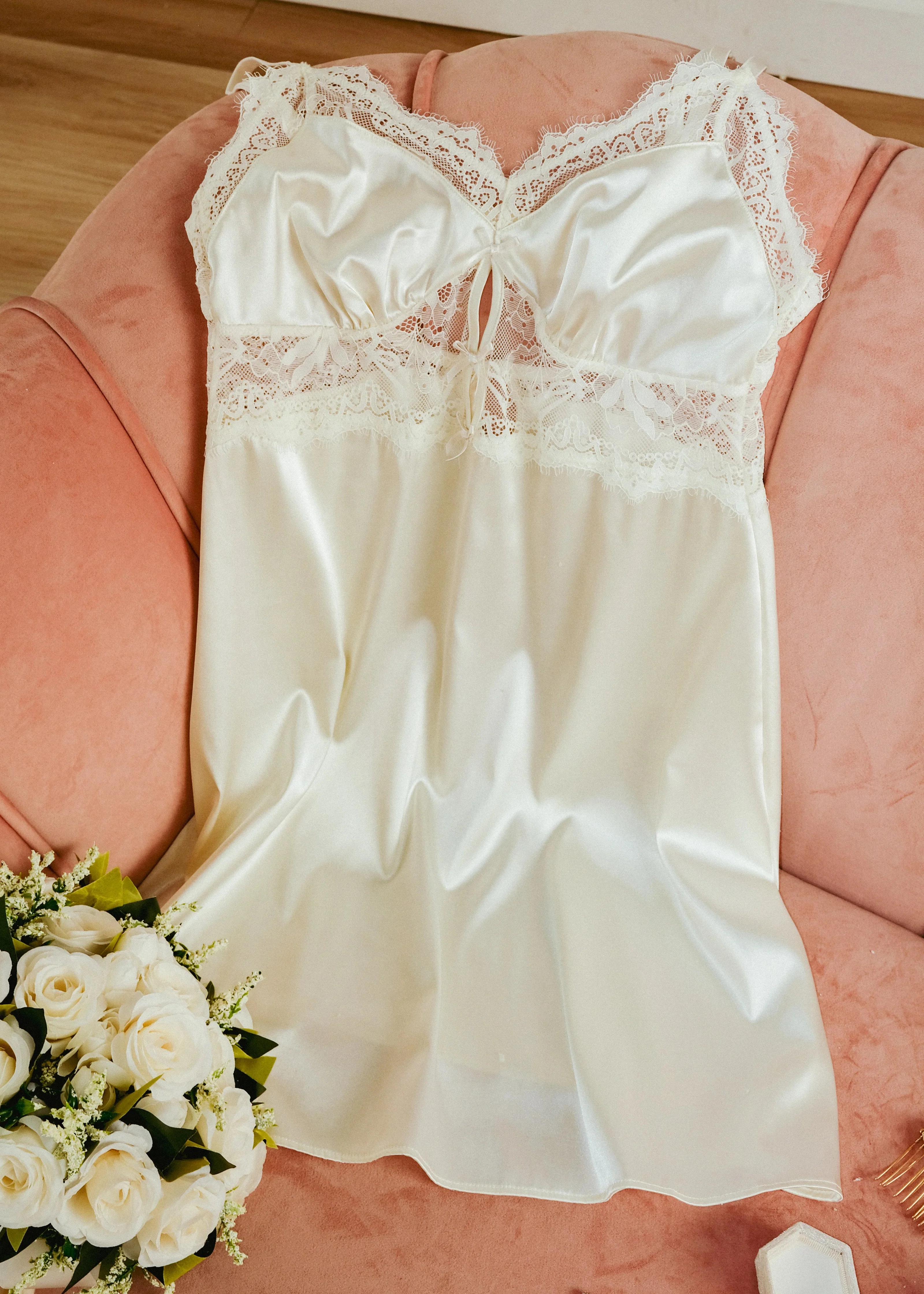 Satin & Eyelash Lace Slip - Pearl - Image 4