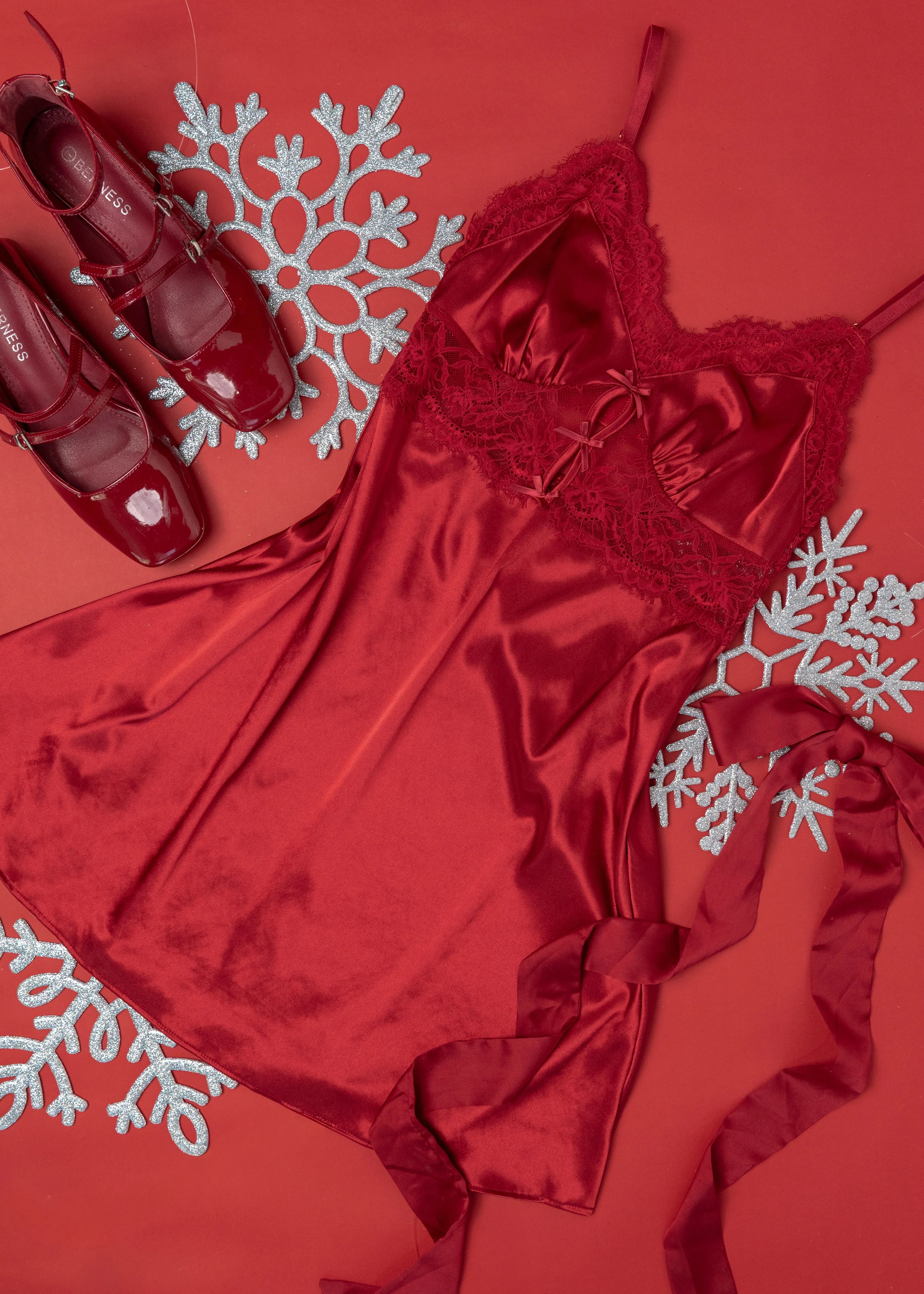 Satin & Eyelash Lace Slip - Red - Image 9