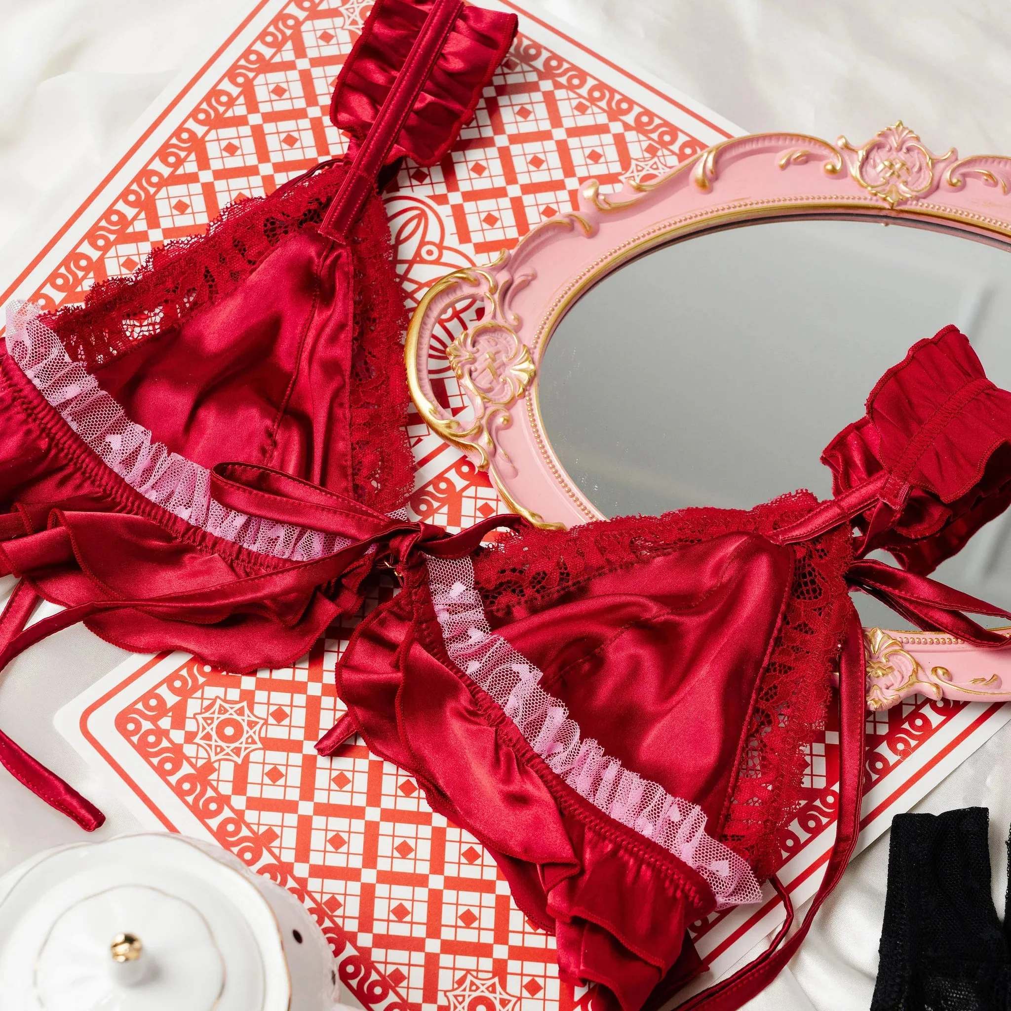 Satin Ruffle Bralette - Red - Image 12