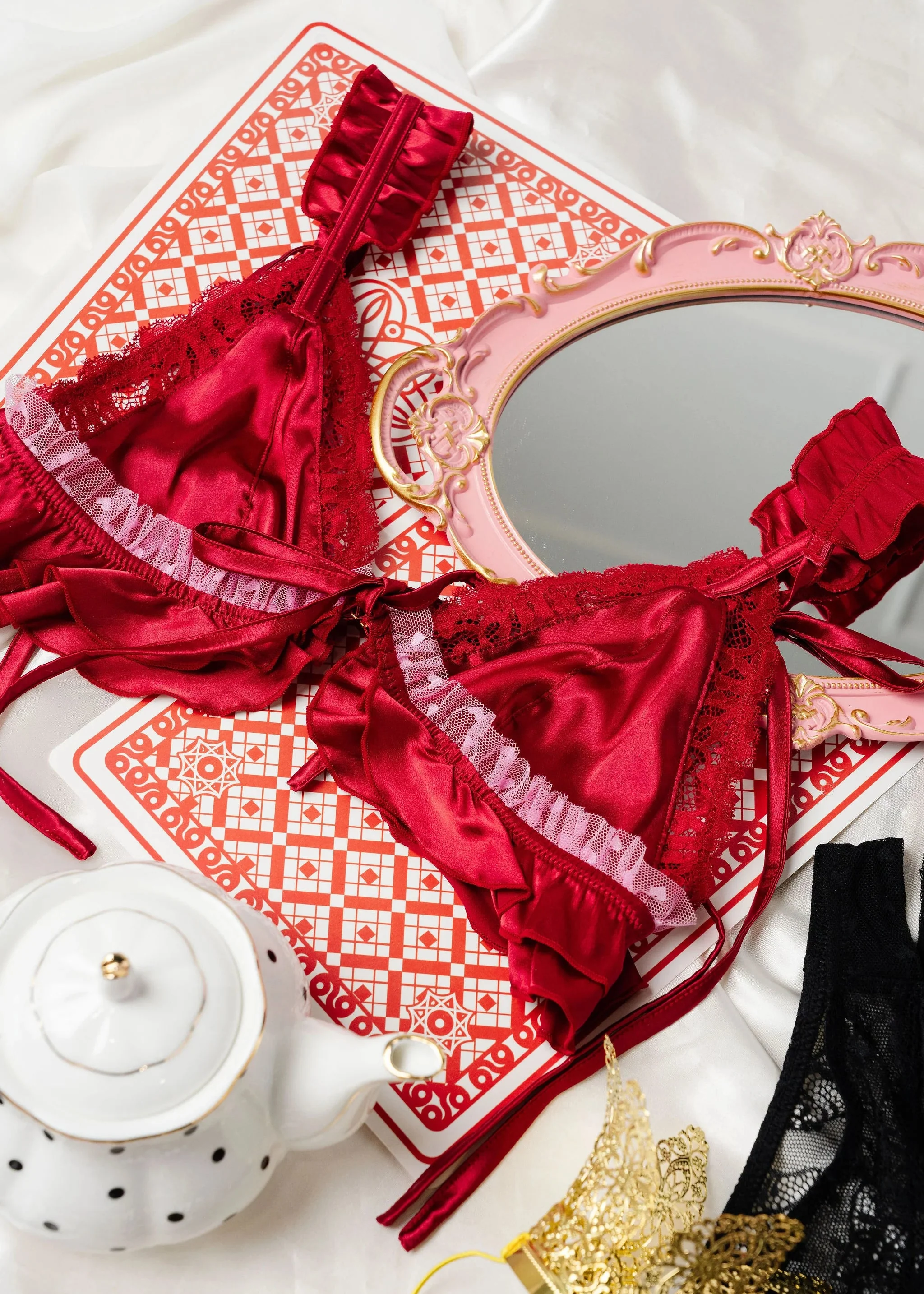 Satin Ruffle Bralette - Red - Image 17